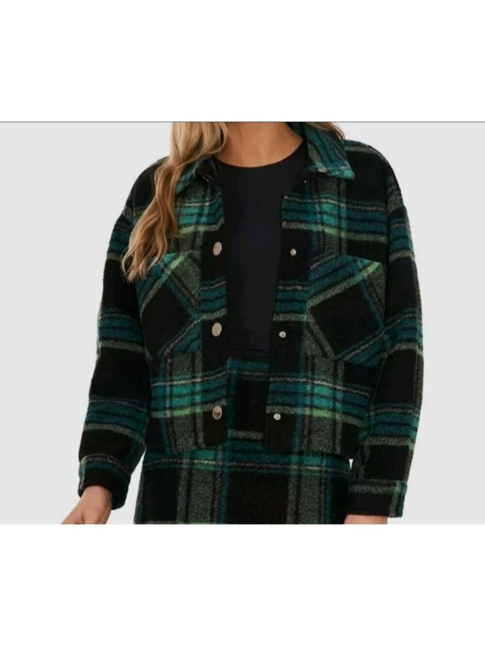 CeCe Women's Medium M Green Plaid Jacket Coat Cropped Preppy Academia Cottage